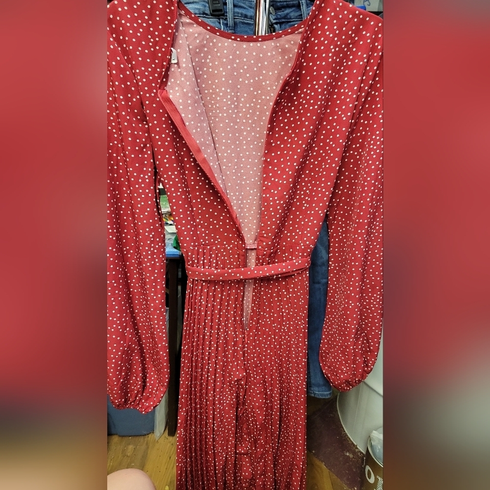 Zip Up Long Sleeve Red Polka Dot Tie Belted Pleated Skirt of Dress Medium - Picture 7 of 9